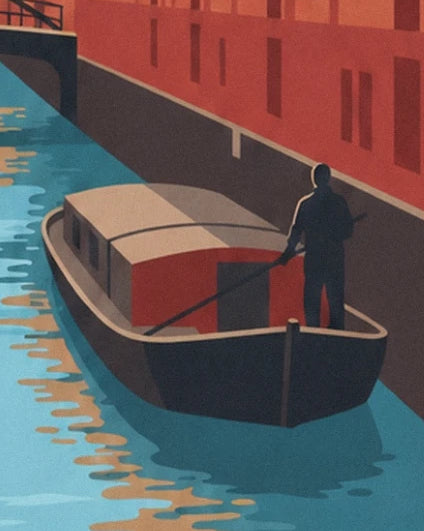 A boatman standing aboard a boat with a red cabin on the blue canal