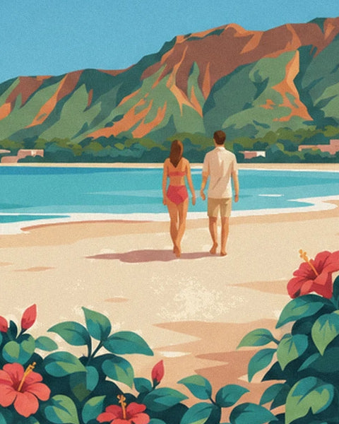 Le couple qui marche sur la plage face à la montagne, entre les hibiscus