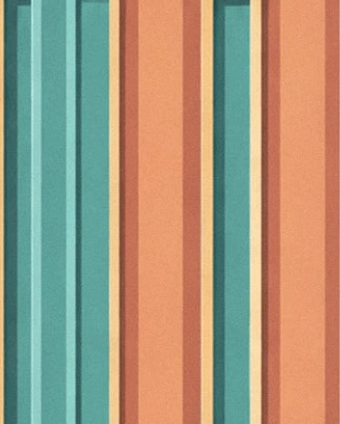 The vertical turquoise and coral stripes edged with fine golden lines