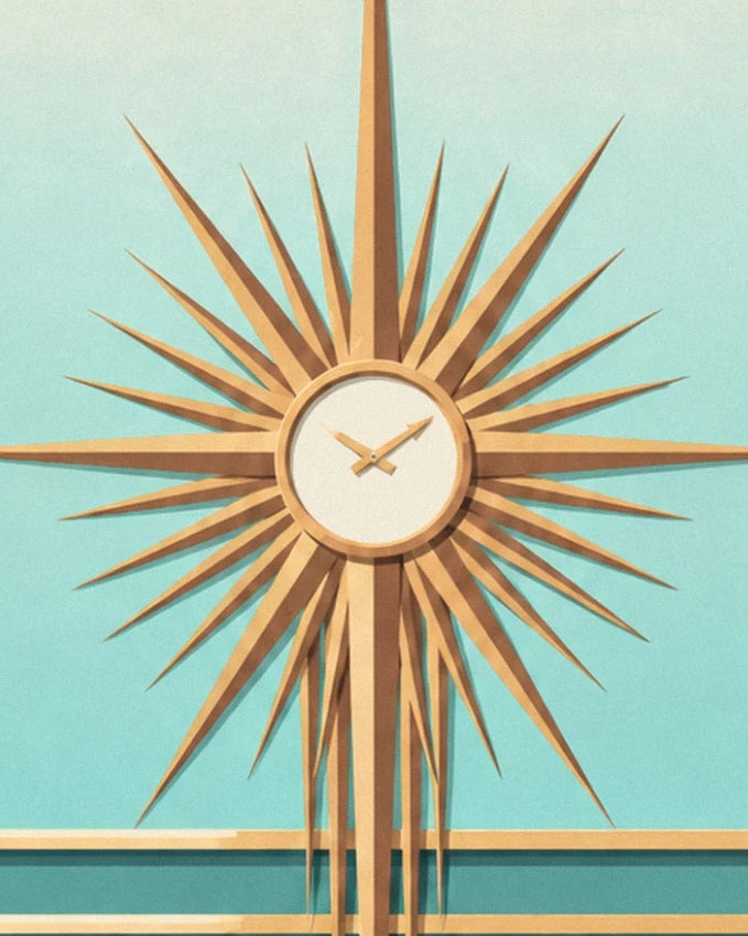 A clock with long golden rays on a turquoise wall edged with mouldings