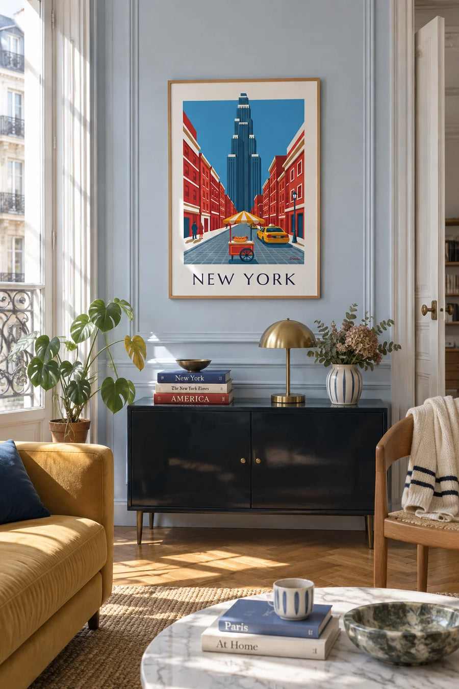 Affiche chariot de hot-dogs dans une rue de New York : encadrée au mur