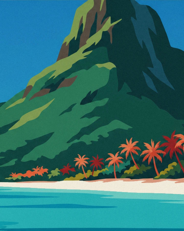 Le Morne Brabant aux pentes vertes, ses palmiers rouges et la plage de sable clair