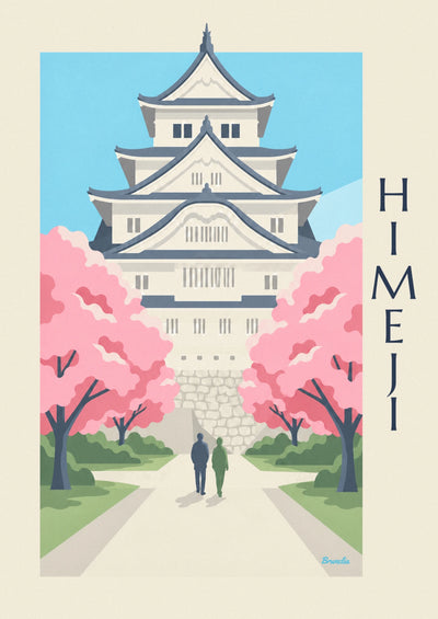 Affiche château de Himeji sous les cerisiers en fleurs : l'affiche entière
