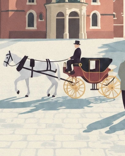 Le cheval blanc et la calèche bordeaux aux roues dorées, avec son cocher en haut-de-forme