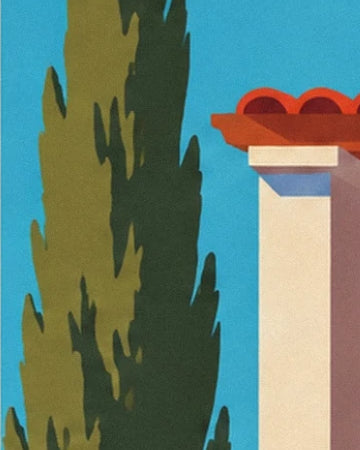 A tall slender green cypress beside a pale pillar topped with red tiles