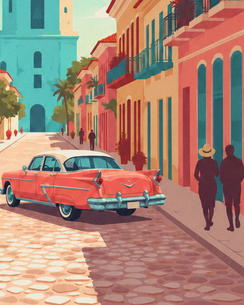 The coral car with tail fins on the cobbles, and 2 passers-by in silhouette in the street