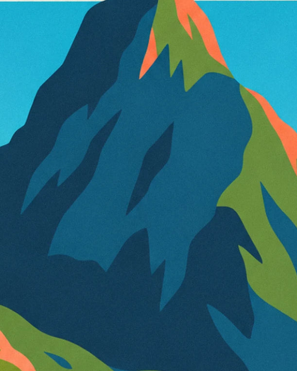 The rocky peak with deep blue slopes, green crests and orange ridges