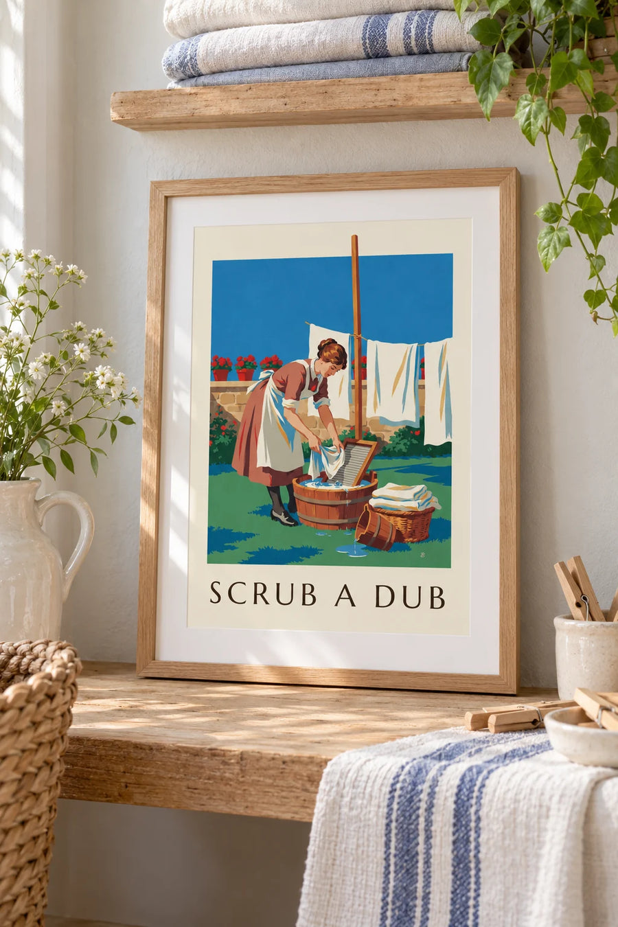 Plakat kobieta i tara do prania na słonecznym podwórku: format A4 w ramce