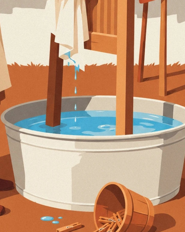 The basin of blue water beneath the dripping laundry beside the overturned bucket of clothes pegs