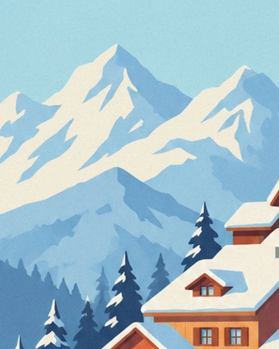 Snowy peaks above blue-tinged fir trees and the white roofs of the chalets