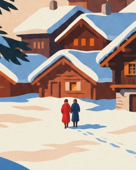 A couple in red and blue coats walking through the snow towards the chalets, leaving footprints behind