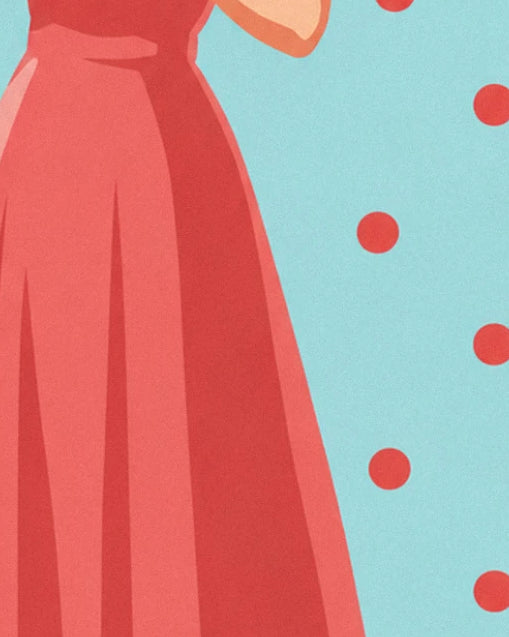 The coral-red pleated skirt against a turquoise background dotted with red spots