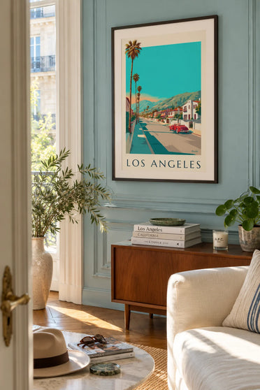 Plakat kabriolet pod palmami w Los Angeles: w ramie na ścianie