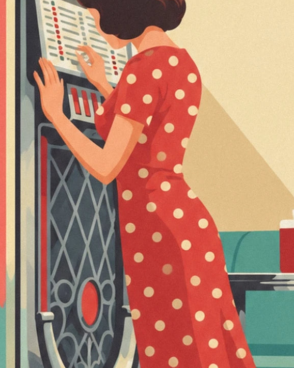 La femme en robe rouge à pois crème, les mains sur le sélecteur du jukebox