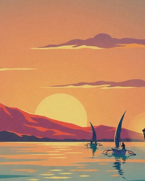 The setting sun behind the mountains and the 2 canoes on baie de Manille
