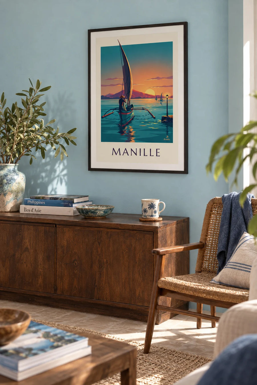 Poster of a bangka outrigger canoe in Manila Bay at sunset: framed on the wall