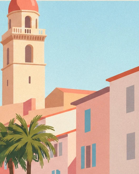 Le clocher ocre à toit rose dominant les maisons roses et un palmier