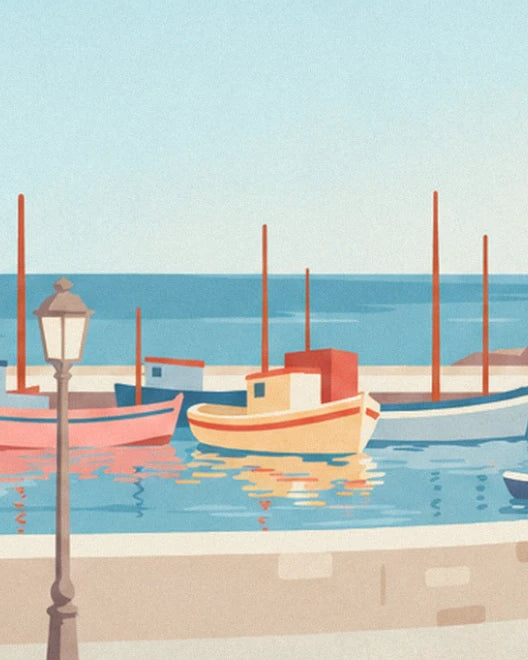 Les barques colorées amarrées au port, avec leurs mâts et un lampadaire sur le quai