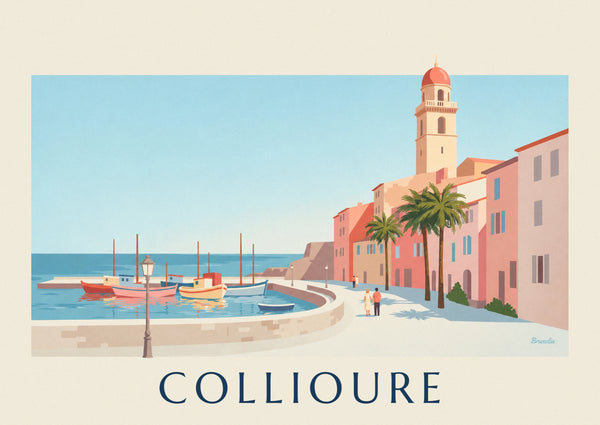 Collioure harbor, colorful boats and bell tower poster