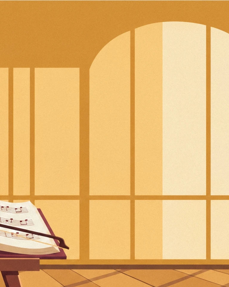 Violin and bow on open sheet music poster: close-up detail