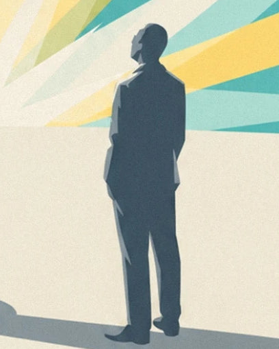 A male figure in a dark suit beneath yellow and turquoise rays