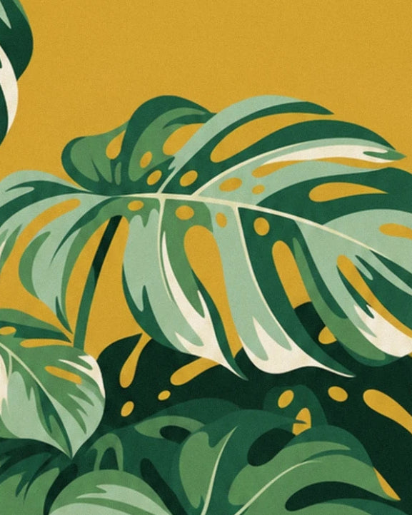 An unfurled leaf with cream cut-outs above a cluster of green leaves