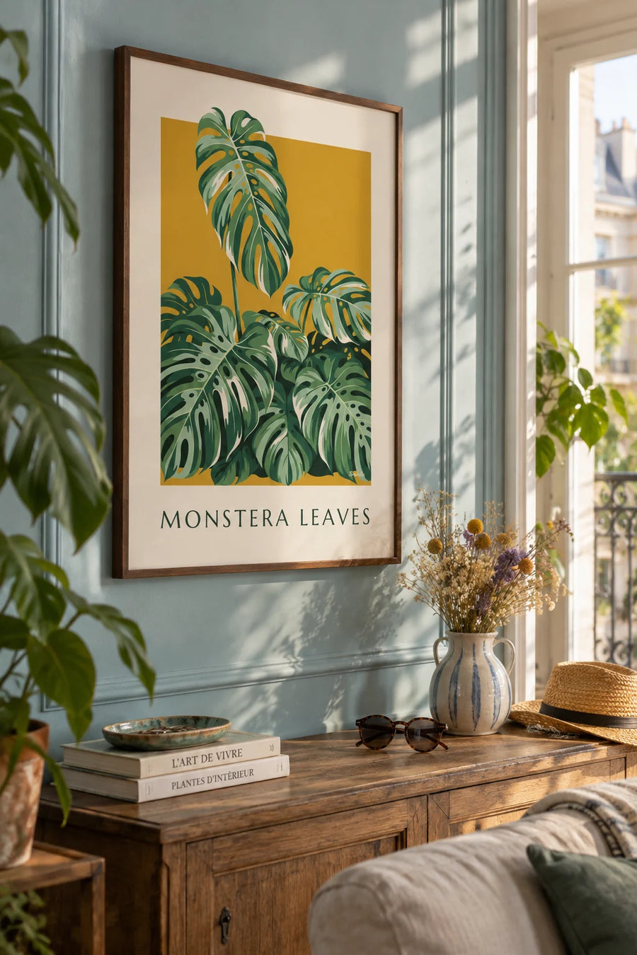 Poster of monstera leaves in a lush bouquet: framed on the wall