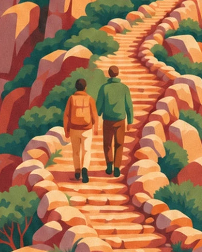 The 2 hikers seen from behind on the stone steps lined with rocks and bushes