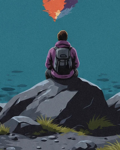 A hiker seen from behind, wearing a purple jacket and grey rucksack, sitting facing the lake