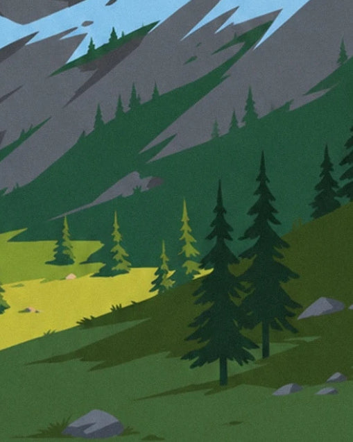 The dark green fir trees on grassy slopes at the foot of the grey mountains