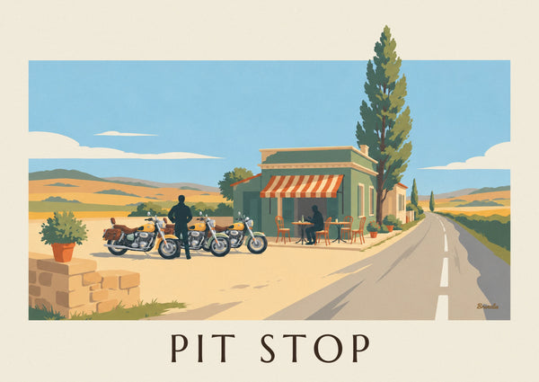 Motorcycles lined up outside a roadside café poster