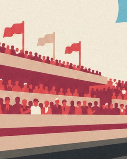 The stands filled with spectators beneath red and beige flags