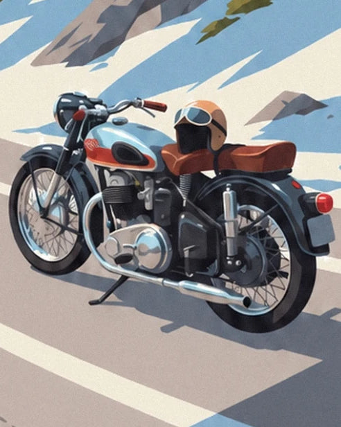 The light blue motorbike with its brown saddle and a helmet resting near the tank