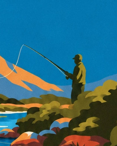 Le pêcheur en tenue verte et sa canne courbée sous le ciel bleu