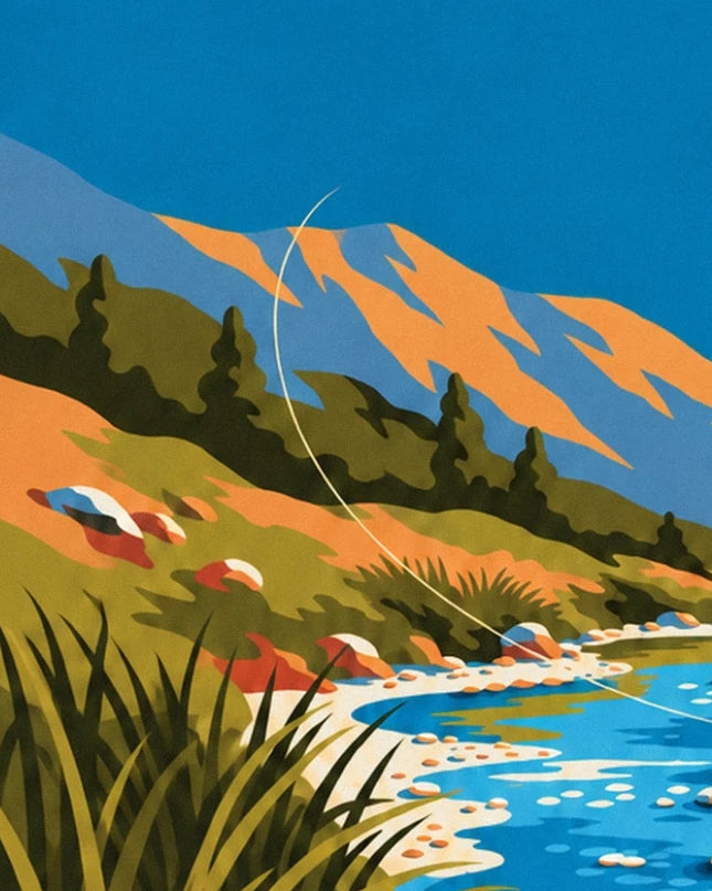 La ligne de pêche devant les montagnes orangées et les herbes de la berge