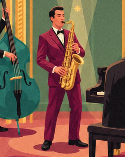 The saxophonist in a burgundy suit, between the green double bass and the black piano