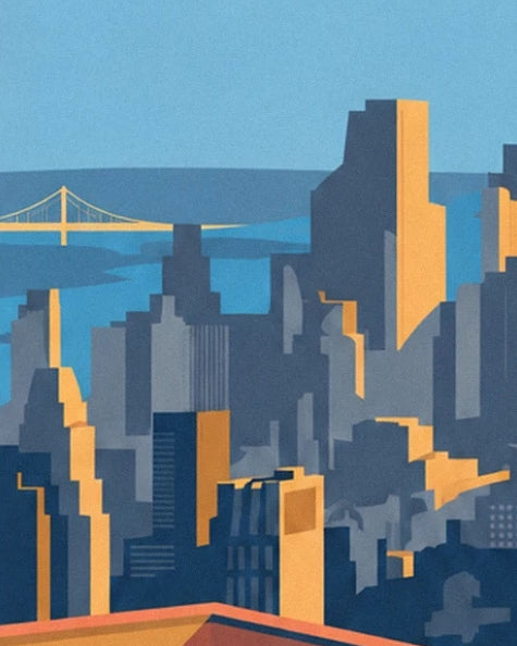 The Manhattan buildings with golden façades in front of the river and a suspension bridge