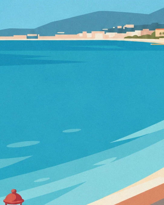 The turquoise bay, its pale waves and the coast with beige houses at the foot of the hills