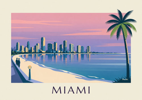 Poster of Miami skyscrapers and palm trees at dusk: the full poster