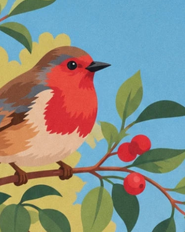 A robin with an orange-red breast, perched near red berries against a blue background