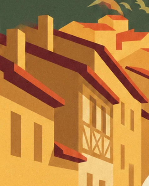 Les toits aux tuiles rouges et la façade à pans de bois des maisons ocre du village