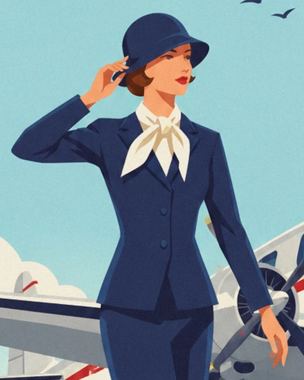 Une femme en tailleur bleu marine, foulard ivoire et main levée sur son chapeau