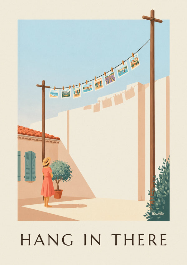 Clothesline with wooden clothespins and small photos poster