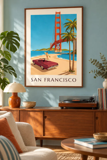 Plakat kabriolet przed Golden Gate w San Francisco: w ramie na ścianie