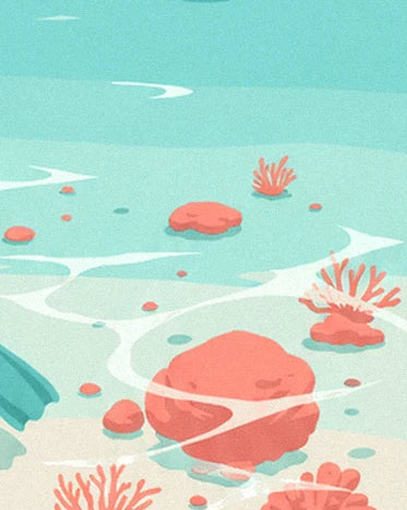 Pink and orange coral on pale sand beneath the white reflections on the lagoon