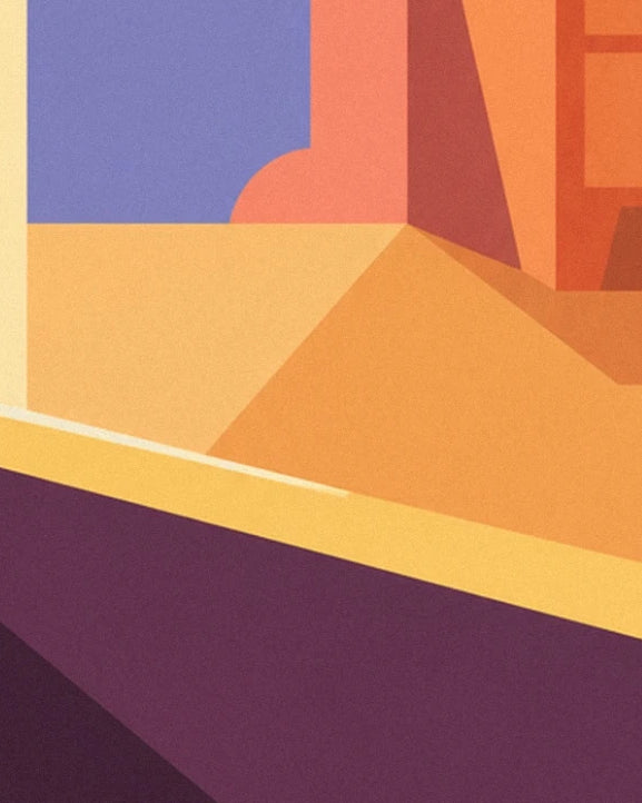 The yellow and orange geometric shapes above a broad purple band