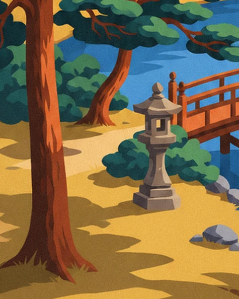 The stone lantern at the foot of a tall pine, near the red bridge and grey rocks