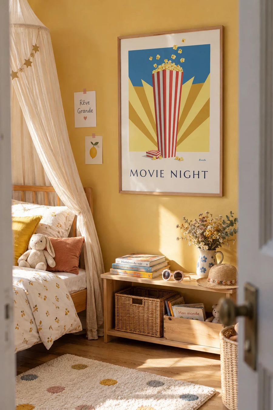 Poster of movie theater popcorn against a backdrop of sun rays: framed on the wall
