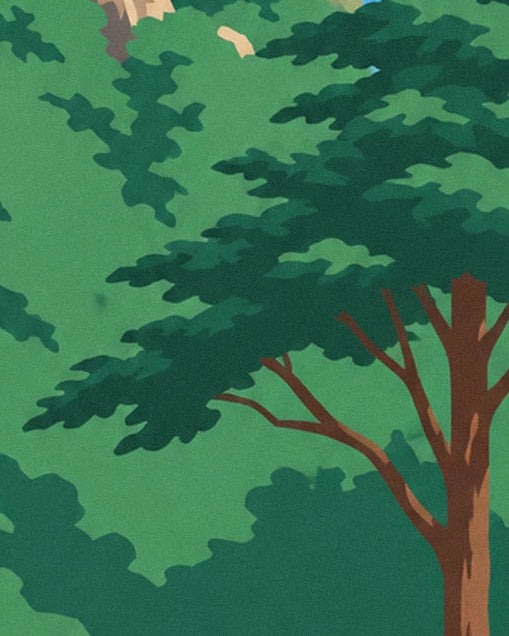 Un grand pin au tronc brun et aux branches étalées, au-dessus de la forêt
