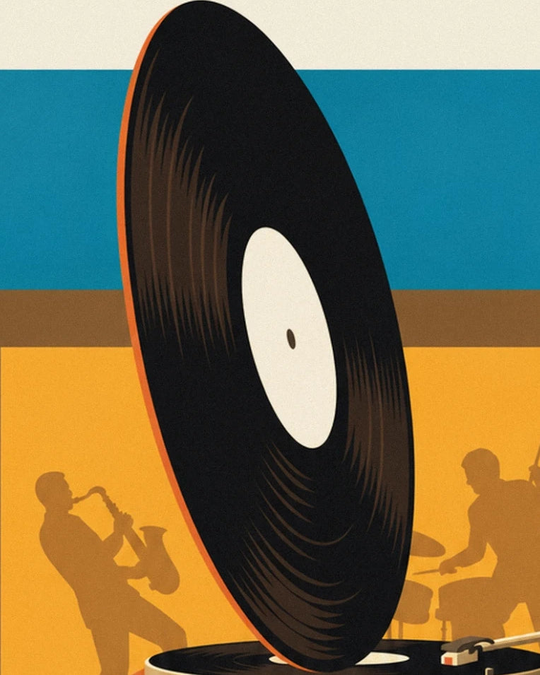 Le disque vinyle noir à étiquette crème, devant les silhouettes de musiciens